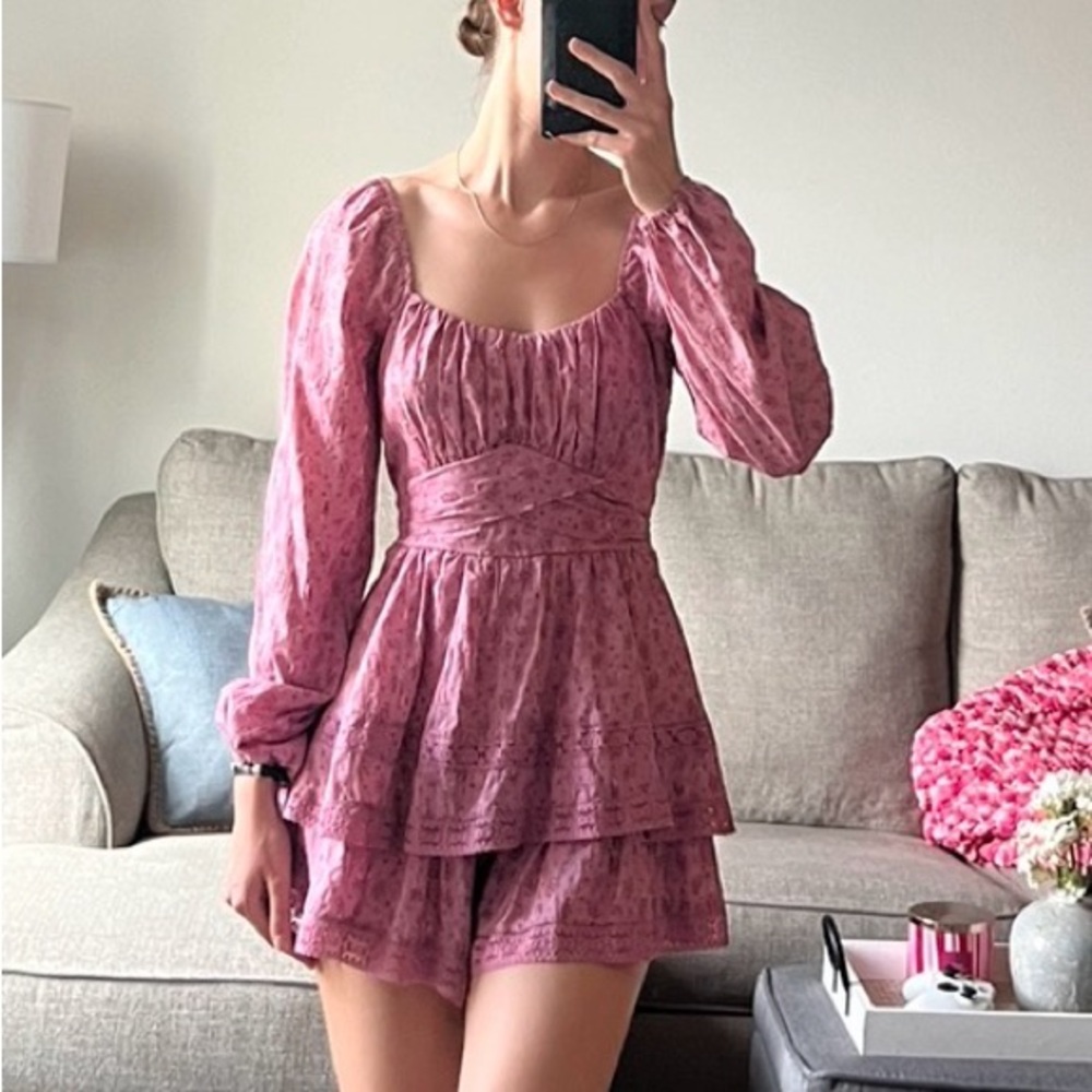 Altar'd State Pink Puff-Sleeve Tiered Romper